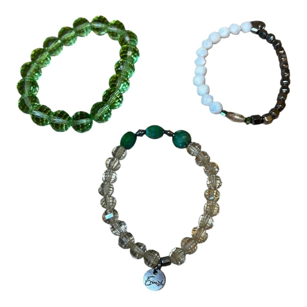 Lot of 3 Beaded Bracelets - Green, White, Silver & Earth Tones